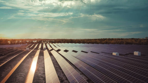 극적인 하늘이있는 태양 전지 패널. 태양 반사가 있는 태양 전지 패널. 태양광 모듈의 배경 - solar power station energy fuel and power generation collection 뉴스 사진 이미지