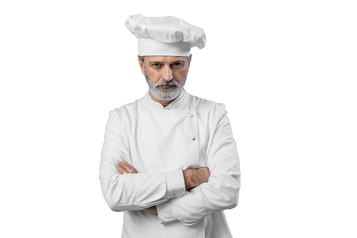 Portait of angry Master chef on white background