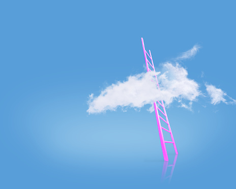 Staircase and Clouds on Blue Background with Copy Space