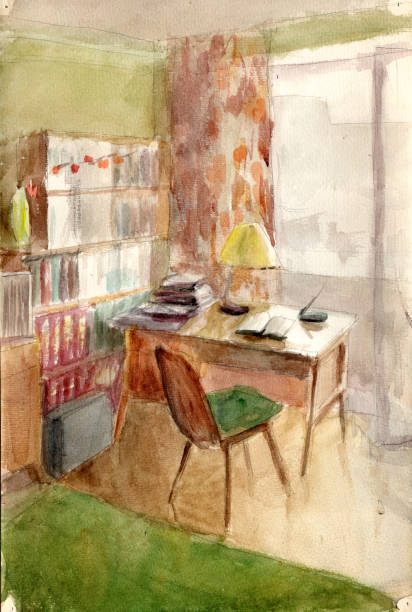 Watercolor sketch drawing of the small soviet apartment interior. Living room, cabinet with old vintage turntable, bookshelves, writing desk with table lamp, green carpet on the floor Watercolor sketch drawing of the small soviet apartment interior. Living room, cabinet with old vintage turntable, bookshelves, writing desk with table lamp, green carpet on the floor 1970 pictures stock illustrations