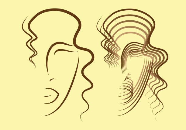 Set Of Stylized Linear Female Faces With Curly Hair Stock Illustration -  Download Image Now - iStock
