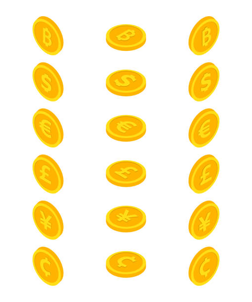 zestaw ikon monet. dolar monety, euro, juan, bitcoin, cent i centavo, funt szterling. symbole walut w stylu izometrycznym 3d. wektor - moneta usa stock illustrations