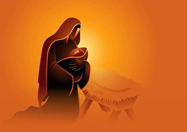 istock Biblical vector illustration series, Mary holding baby Jesus 1303319850