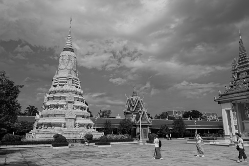 Phnom Penh, Cambodia-September 2, 2018: Stupa of King Norodom Suramarit on the grounds of the Royal Palace, Phnom Penh, Cambodia.