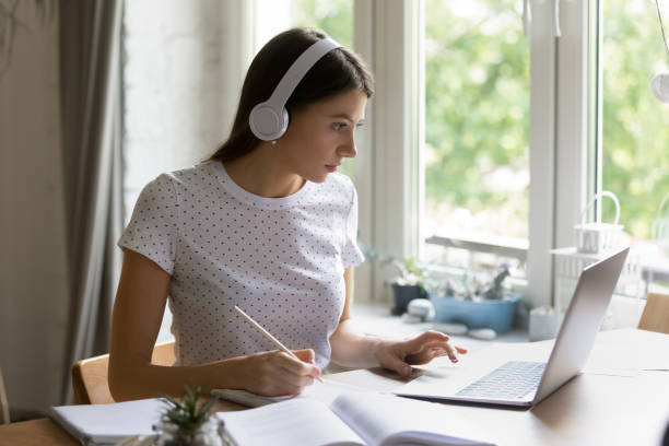 istock Female student passing exam from home via virtual education platform 1303320778