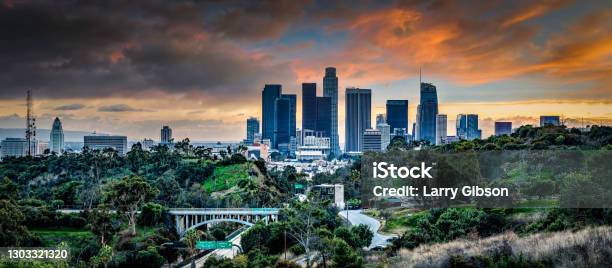 Los Angeles California At Sunset Stock Photo - Download Image Now - Los Angeles County Museum Of Art, City Of Los Angeles, Hollywood Bowl