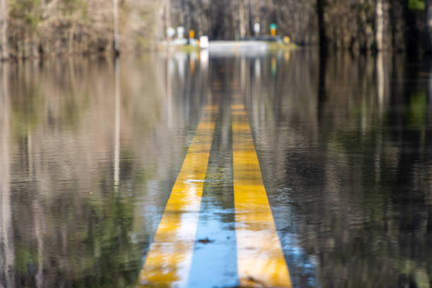 Flooded road underwater after heavy rain storm A road is unpassable to cars after a nearby river overtopped its banks after days of rain, flooding it. South Carolina. hurricane stock pictures, royalty-free photos & images
