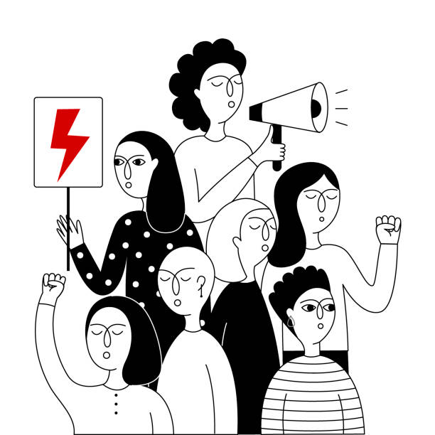 illustrazioni stock, clip art, cartoni animati e icone di tendenza di un gruppo di donne con un manifesto e un altoparlante partecipano a una protesta contro l'inasprimento della legge sull'aborto in polonia. - aborto