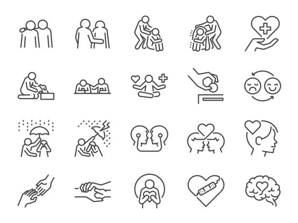 illustrazioni stock, clip art, cartoni animati e icone di tendenza di set di icone della linea empatia. include le icone come allegria, amico, supporto, emozione, salute mentale e altro ancora. - benessere