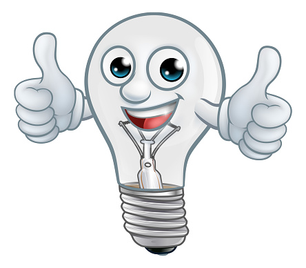 A light bulb cartoon character lightbulb mascot giving a thumbs up