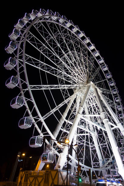 ruota panoramica in movimento di notte - ferris wheel wheel night neon light foto e immagini stock