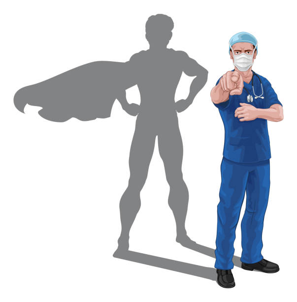 illustrations, cliparts, dessins animés et icônes de docteur d’infirmière de super-héros avec l’ombre de super héros - male nurse nurse scrubs white background