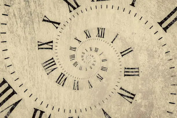 Droste effect background with infinite clock spiral. Abstract design for concepts related to time and deadline.