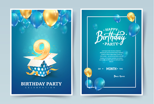 9th years birthday vector invitation double card. Nine years anniversary celebration brochure. Template of invitational for print on blue background.
