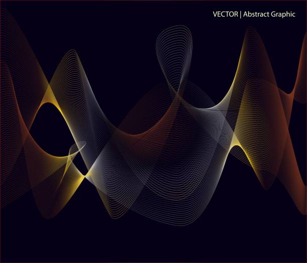 istock Vector graphic elements of metallic ribbon banner shapes, abstract wavy parallel lines patterns using blend tool on dark background 1303332469