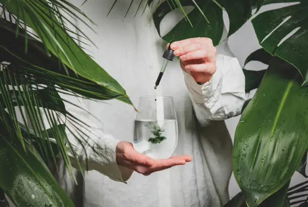 Photo of woman in a white shirt adds drops of chlorophyll to glass of water standing next to palm trees