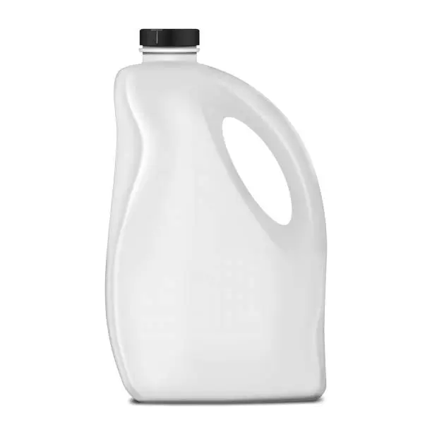 Vector illustration of White blank plastic jerry can with black screw cap isolated on white background, mockup. Large bottle with handle, vector mock-up. Liquid product package, template