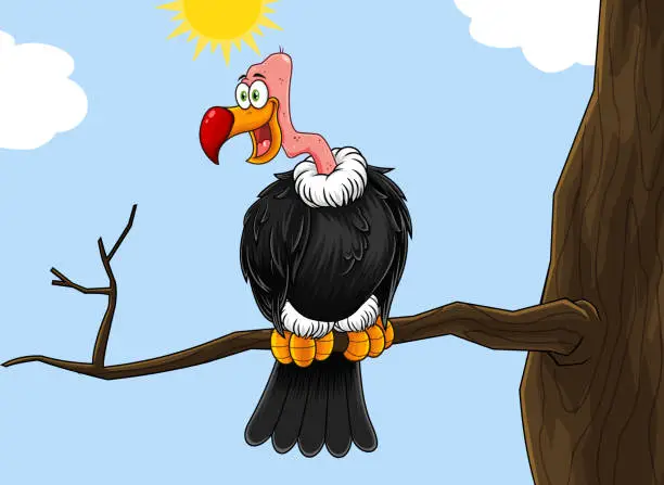 Vector illustration of Condor Or Vulture Cartoon Character Sitting On A Branch