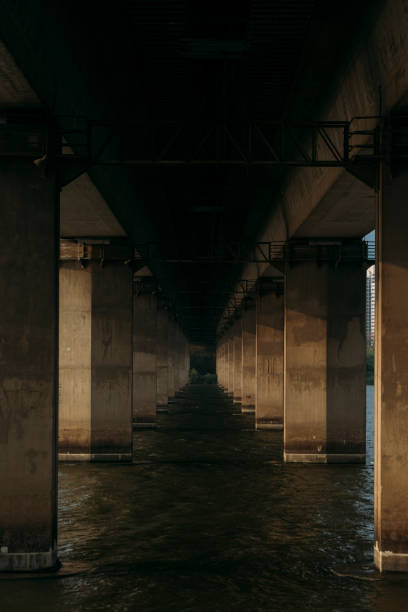 istock View of river under a bridge with support beams in the water. 1303338957