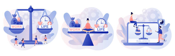 Work and life balance. Tiny people keep harmony choose between career and money versus love and time, leisure or business. Modern flat cartoon style. Vector illustration on white background Work and life balance. Tiny people keep harmony choose between career and money versus love and time, leisure or business. Modern flat cartoon style. Vector illustration balance stock illustrations
