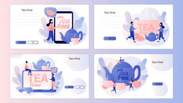 Vector illustration of Tea time concept. Hot drinks party. Tiny people drinking tea. Kettle, cup, lemon. Screen template for mobile smart phone, landing page, template, ui, web, mobile app, poster, banner, flyer. Vector