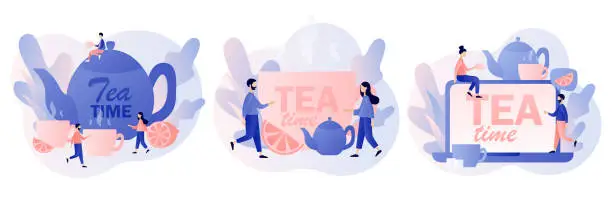 Vector illustration of Tea time concept. Hot drinks party. Tiny people drinking tea. Kettle, cup, lemon slice and sugar cubes. Modern flat cartoon style. Vector illustration on white background