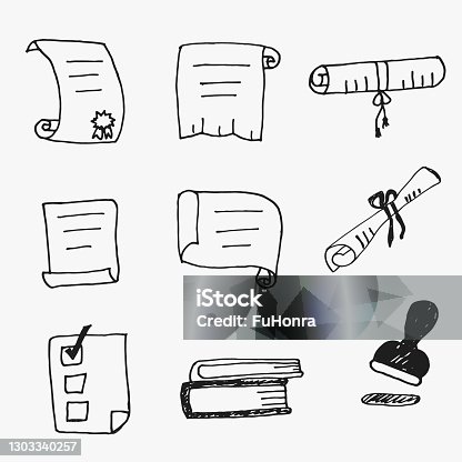 istock Vector hand drawn set of scrolled document icons and notary seal. Doodle collection. 1303340257