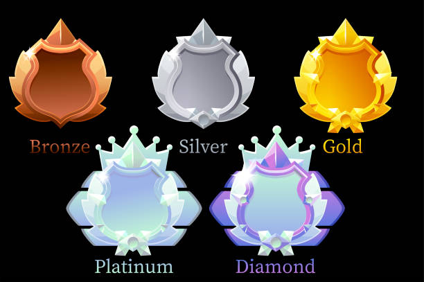 ilustrações, clipart, desenhos animados e ícones de vetor conjunto de escudos para conquistas no jogo. - shield bronze gold silver