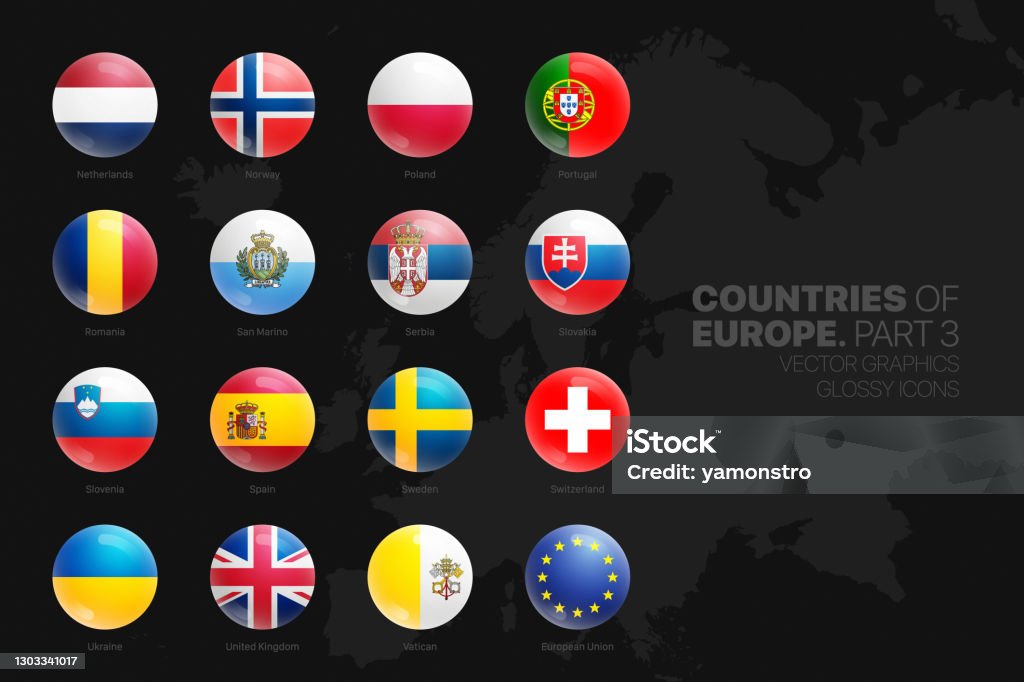 Европейские страны флаги Вектор 3D глянцевые значки набор изолированных на черном фоне Часть 3 - Векторная графика Флаг роялти-фри