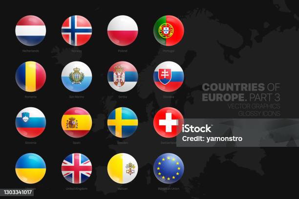 Европейские Страны Флаги Вектор 3d Глянцевые Значки Набор Изолированных На Черном Фоне Часть 3 — стоковая векторная графика и другие изображения на тему Флаг