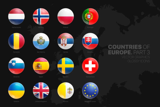 avrupa ülkeleri bayraklar vektör 3d parlak simgeler siyah arka plan bölüm 3 i̇zole ayarlanmış - spain switzerland stock illustrations