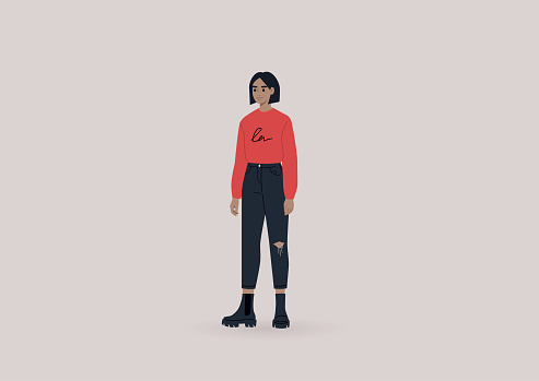 A young female character wearing heavy black boots and a red long sleeve shirt, modern casual lifestyle