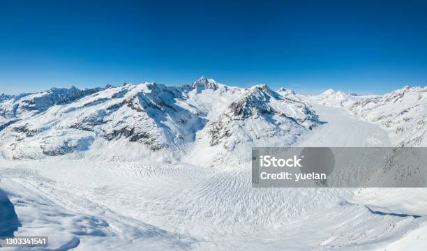 Aerial Panorama Of Great Aletsch Glacier In Winter Switzerland Stock Photo - Download Image Now