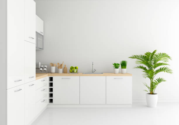 istock White kitchen countertop with free space for mockup, 3D rendering 1303342160