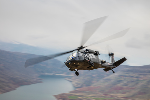 Zeltweg, Austria - 02 September, 2022: Czech military transport helicopter Mil Mi8 in the air