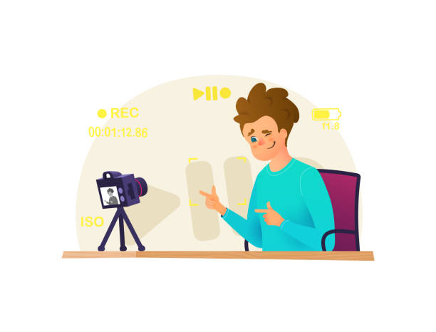 Blogger make interview, recording video on his camera, doing live stream, broadcasts vector illustration. Vlogger vector cartoon character Blogger make interview, recording video on his camera, doing live stream, broadcasts vector illustration. Vlogger vector cartoon character. interview camera stock illustrations