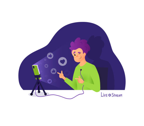 The blogger makes a live stream, broadcasts and receives likes and thumbs. Blogger vector cartoon character. Young vlogger make interview, recording  video on his phone. The blogger makes a live stream, broadcasts and receives likes and thumbs. Blogger vector cartoon character. Young vlogger make interview, recording  video on his phone interview camera stock illustrations