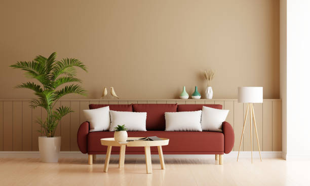 istock Sofa in brown living room with free space for mockup, 3D rendering 1303344148