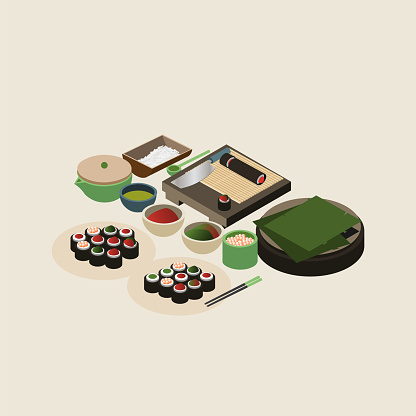 Traditional sushi making scene. Fish, roe (fish eggs), rice, Japanese chef's sushi knife, chopsticks, bamboo sushi rolling mat, thin sheets of seaweed, matcha tea/green tea, wood spoon. Vector. Isolated on colored background.