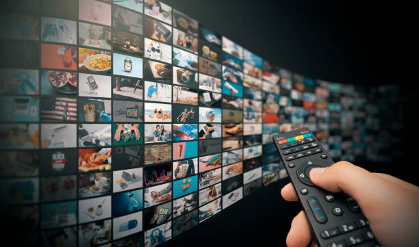 Television streaming, multimedia wall concept Television streaming, TV broadcast. Multimedia wall concept. ad spend stock pictures, royalty-free photos & images