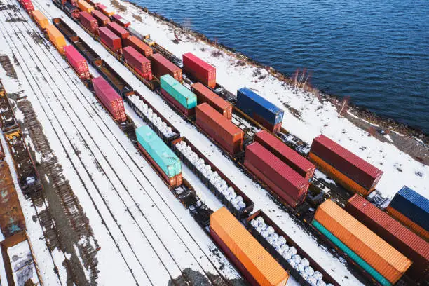 Aerial drone view of a shunting yard on a cold February afternoon.