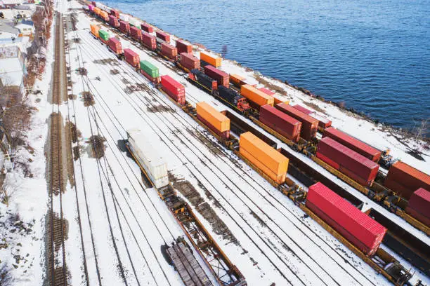 Aerial drone view of a shunting yard on a cold February afternoon.