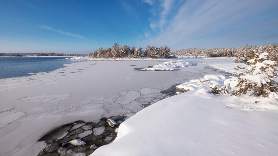 National Park Ladoga Skerries, in winter in Karelia.  islands in the snow on Lake Ladoga