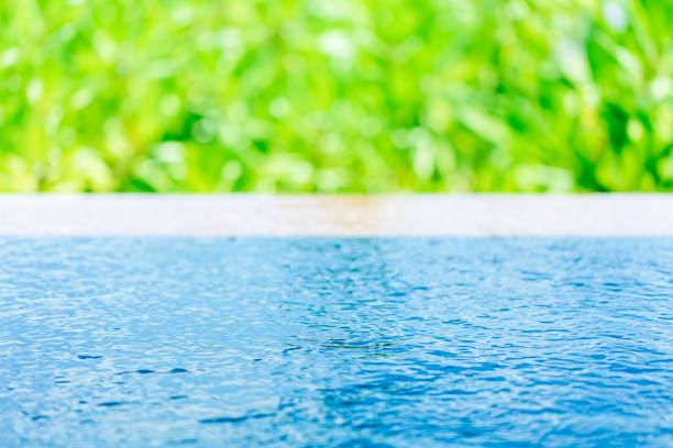 Blue swimming pool water and green lush background, selective focus