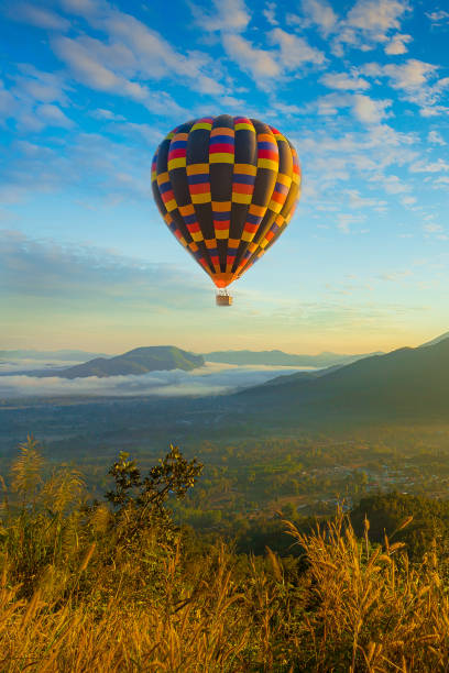 colorful hot-air balloons flying over the mountain - grass area field air sky imagens e fotografias de stock