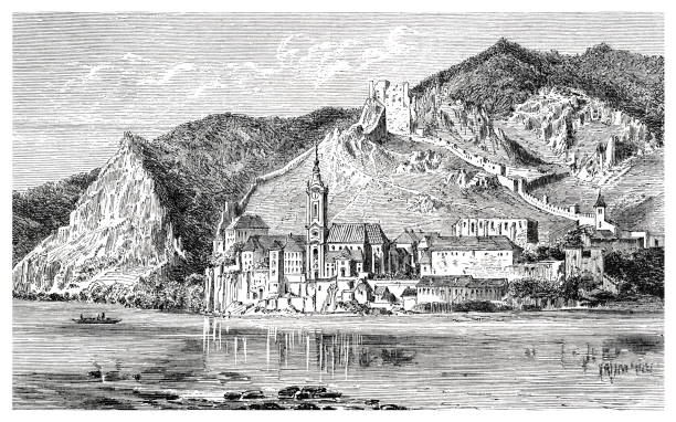 illustrations, cliparts, dessins animés et icônes de dürnstein avec le danube en autriche en 1863 - danube river illustrations