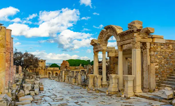 Remains of antique temple dedicated to Emperor Hadrian in Ephesus, Izmir province, Turkey