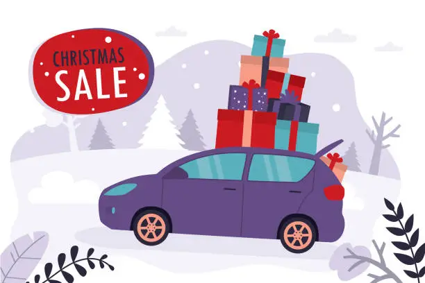 Vector illustration of Christmas sale, greeting card template. Christmas and New Year shopping. Car full of presents and gift boxes. Winter discounts and sales