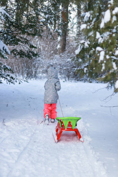 istock A child carries a red sled through a winter forest. 1303357497