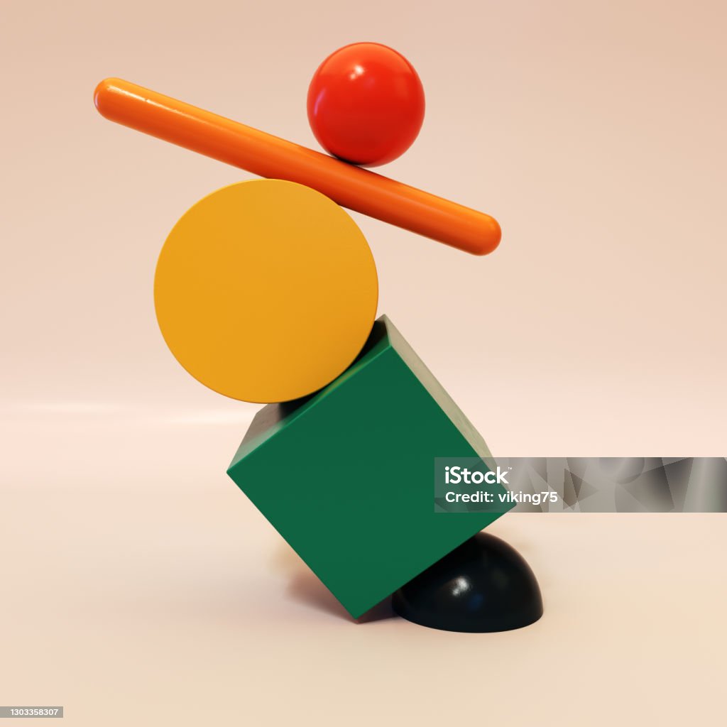 Abstract equilibrium still life, made of plastic shapes. Balance concept, Abstract equilibrium still life, made of plastic shapes. Balance concept, 3d render illusstration. Sculpture Stock Photo